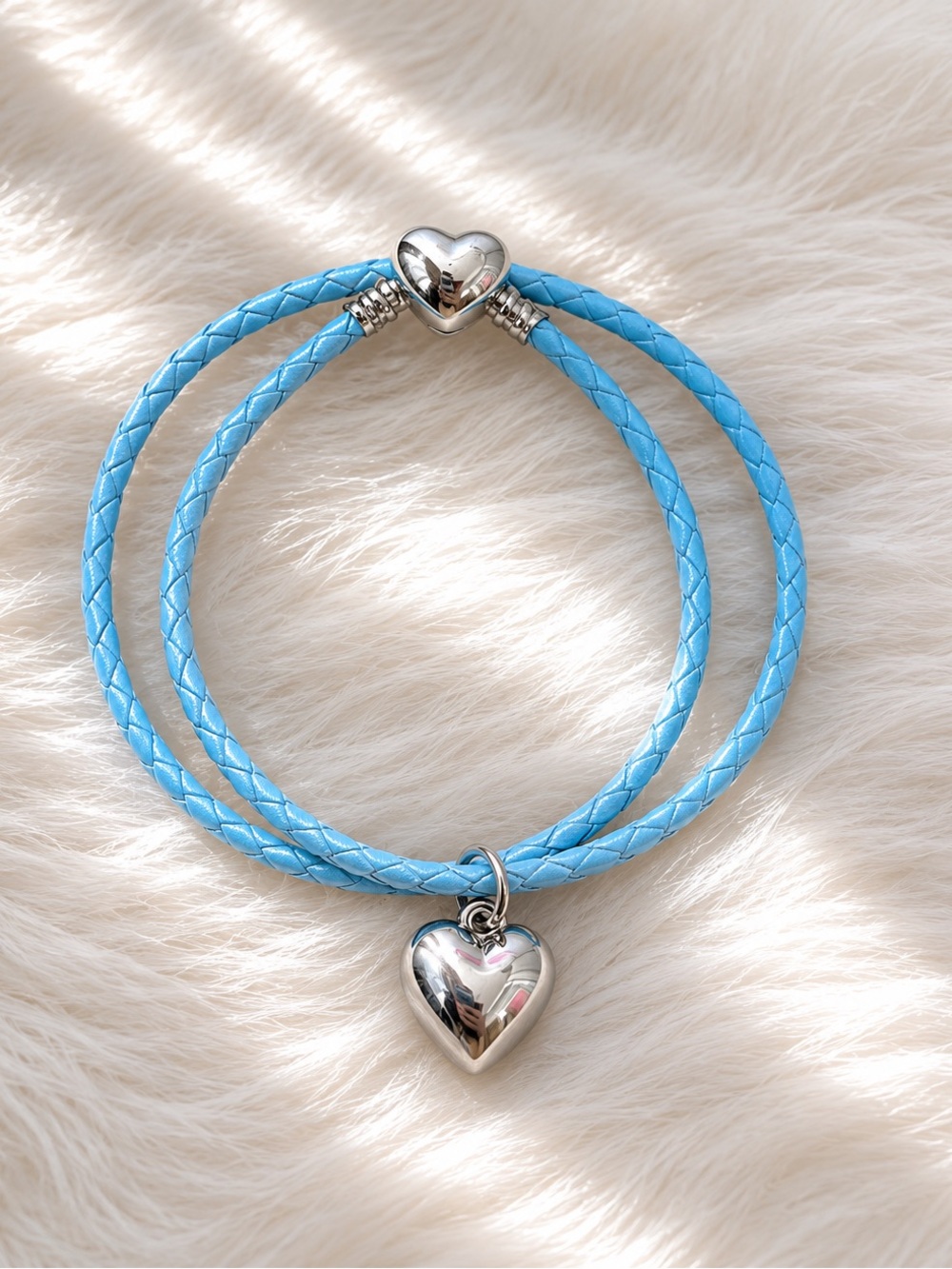 Light Blue Braided Leather Double-Wrap Bracelet with Silver Heart Charm